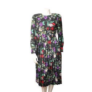 Vintage 80s Talbots Black Floral Long Sleeved Pleated Skirt Dress Size XS